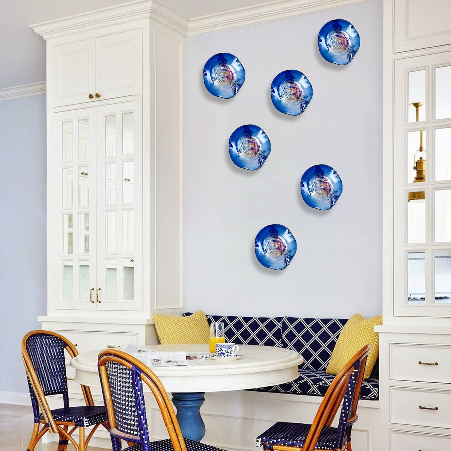 Blown Murano Glass Wall Plates Deep Blue Iridescent Center D12inches