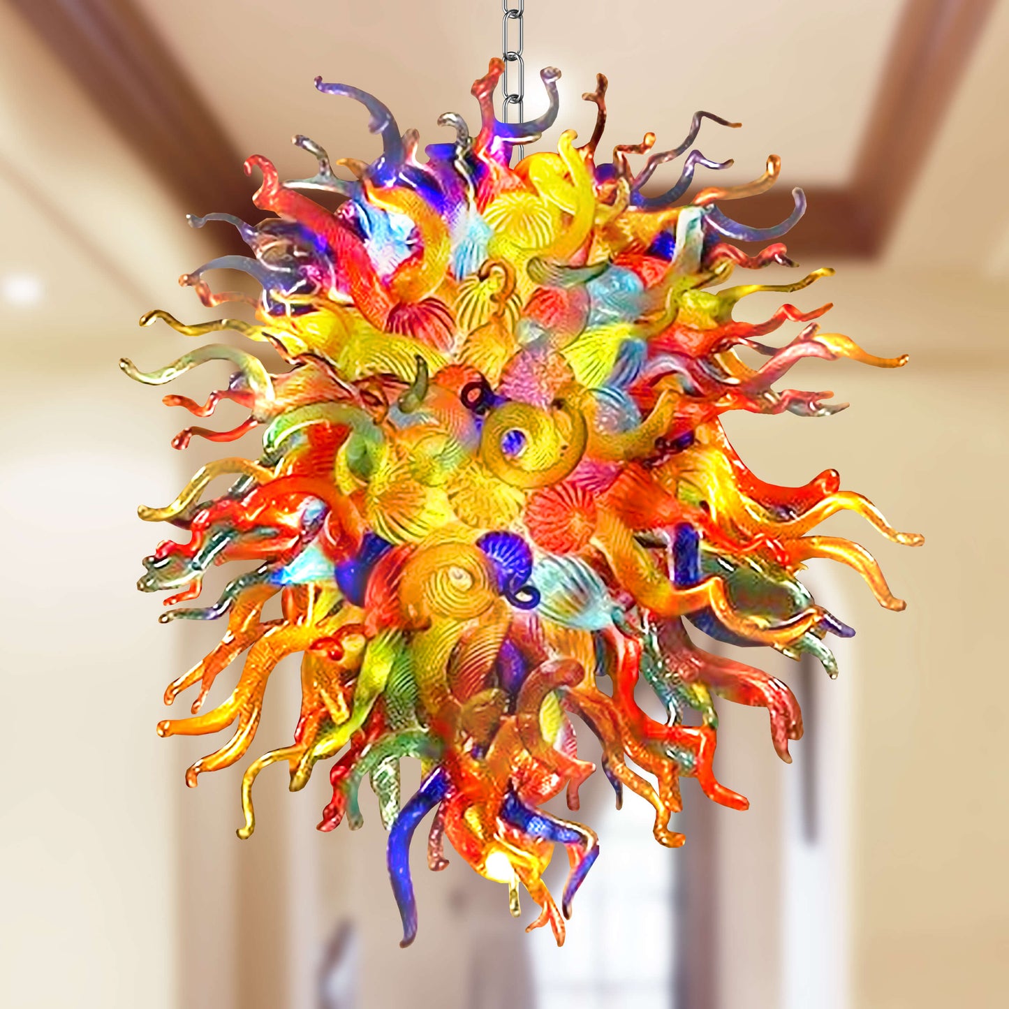 Chihuly style colorful blown glass chandelier 