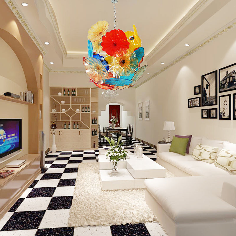 Blown Glass Plates Chandelier Colorful Blooms