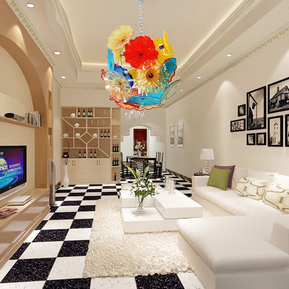 Blown Glass Plates Chandelier Colorful Blooms