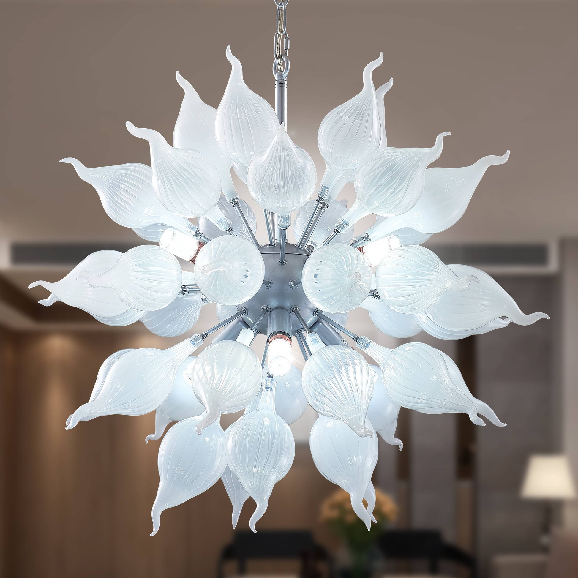 White floral chandelier in a sputnik shape with blown glass 