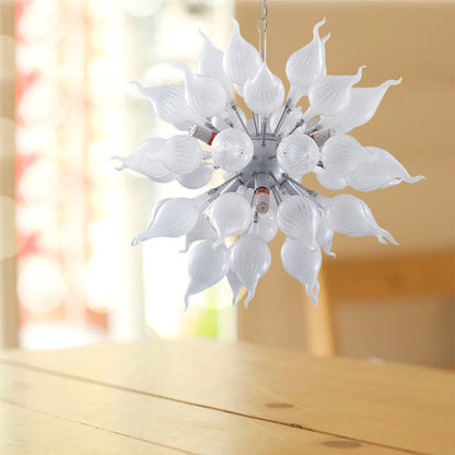 White floral blown glass chandelier hanging as art statements