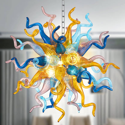 Colorful blown glass chandelier with blue, yellow, and pink hues in sputnik shape