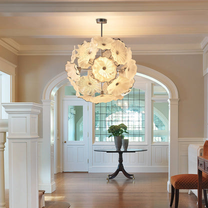 White Blooms Blown Glass Plates Chandelier Murano Glass