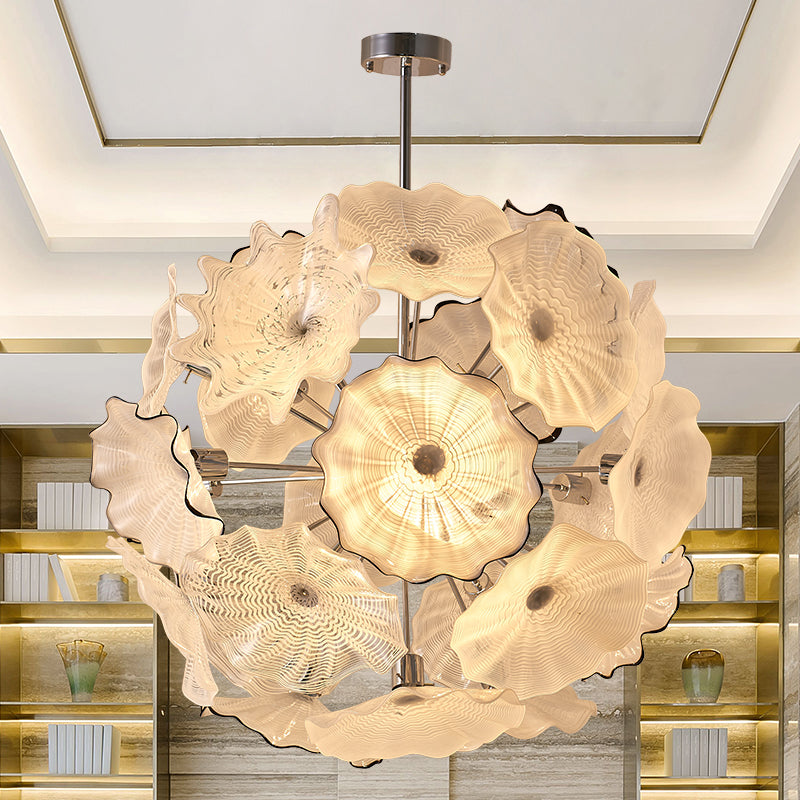White Blooms Blown Glass Plates Chandelier Murano Glass