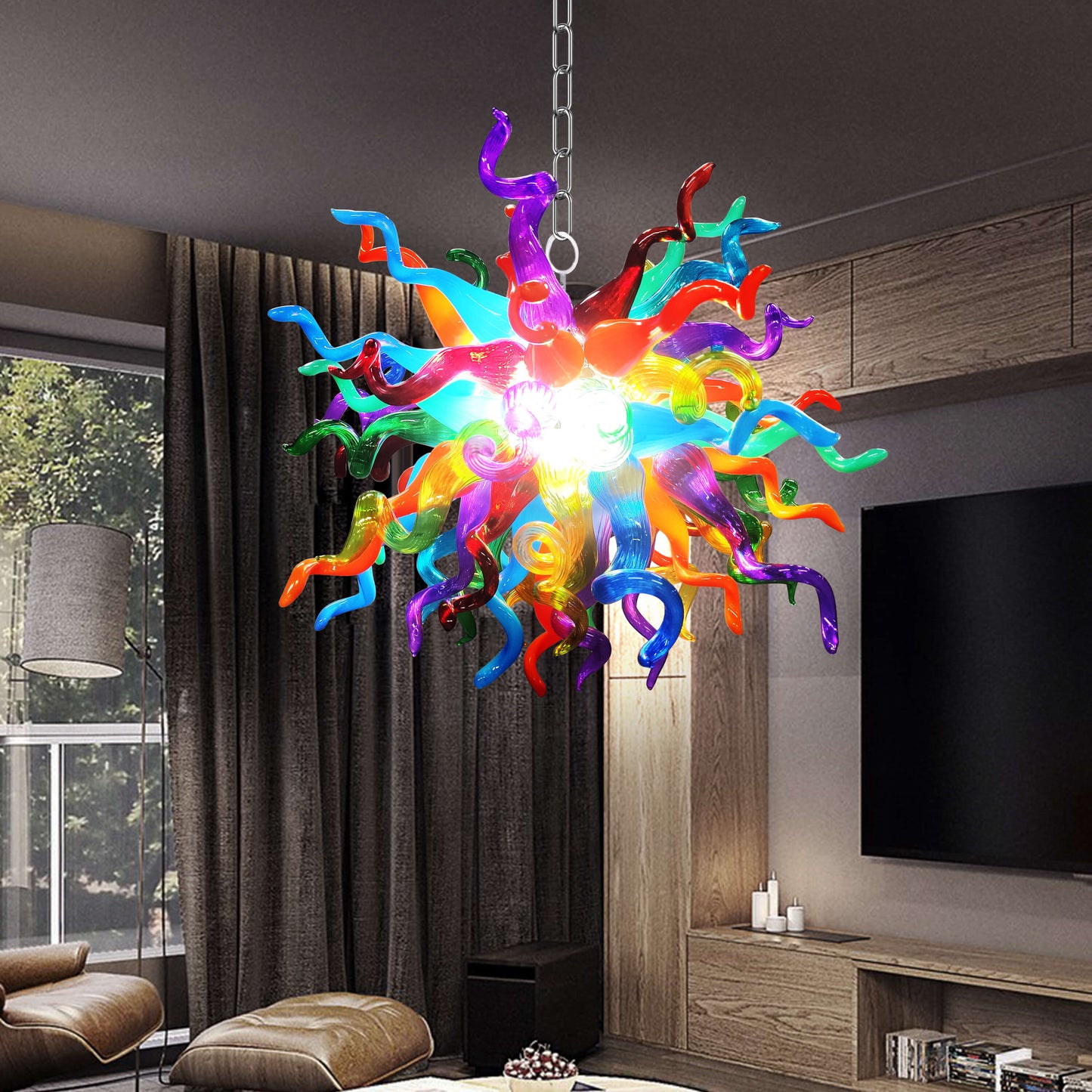 Colorful Chihuly glass chandelier in a modern living room