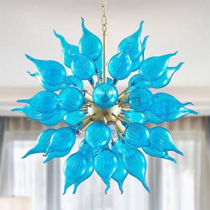 Blue blown glass chandelier sputnik shape with onion shaped glass head