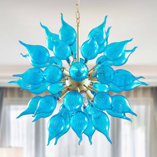 Blue blown glass chandelier sputnik shape with onion shaped glass head