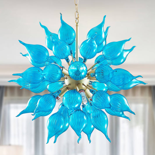 Blue blown glass chandelier sputnik shape with onion shaped glass head