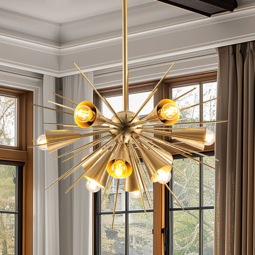 Scandinavian Modernism Radial Sea Urchin Shape Brass 10-Light Chandelier