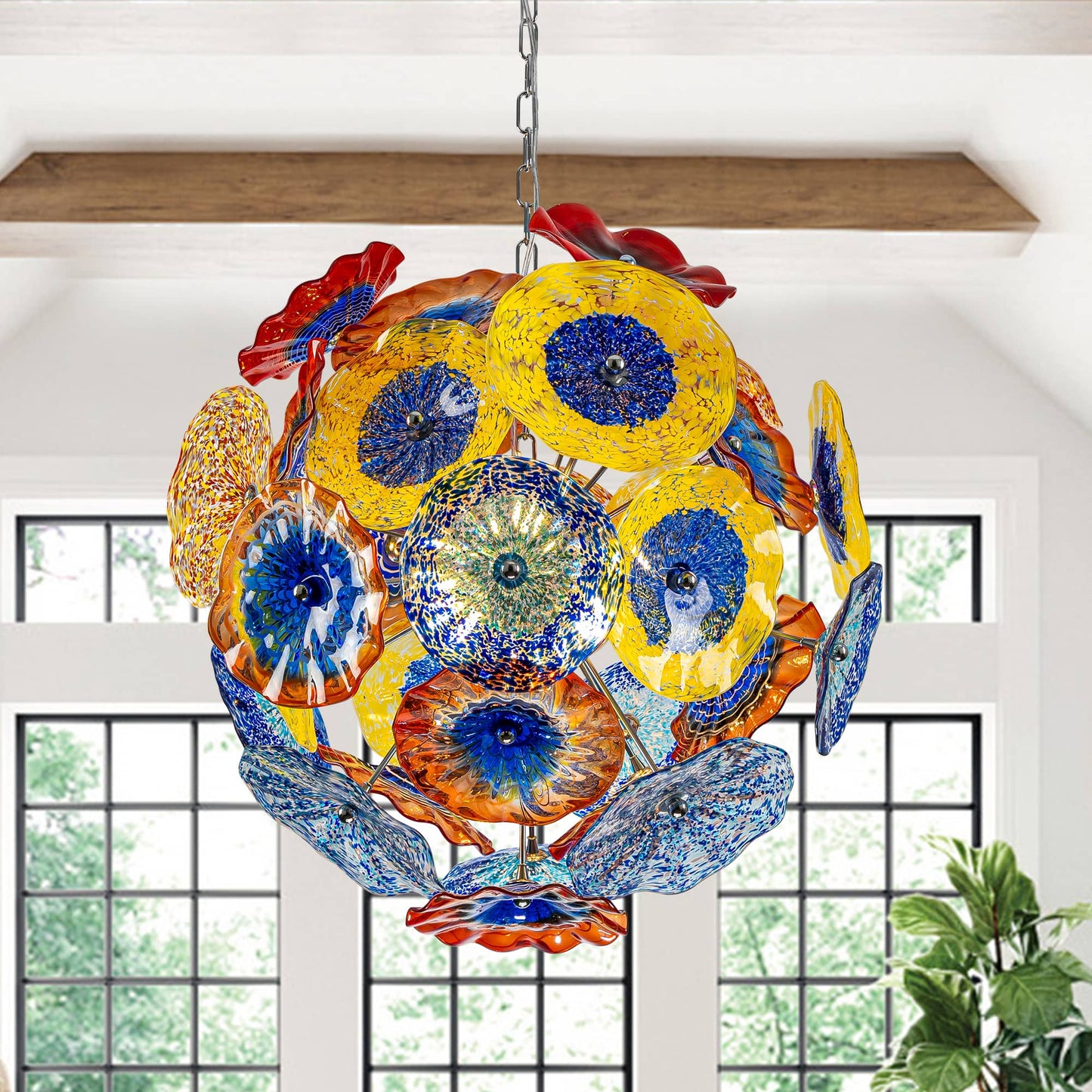 Ceiling In Blooms Blown Glass Plates Chandelier Multi-Colors