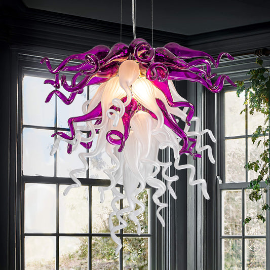 Amethyst & Pearl blown glass chandelier with LED lighting, designed for high-end, stylish interiors.
