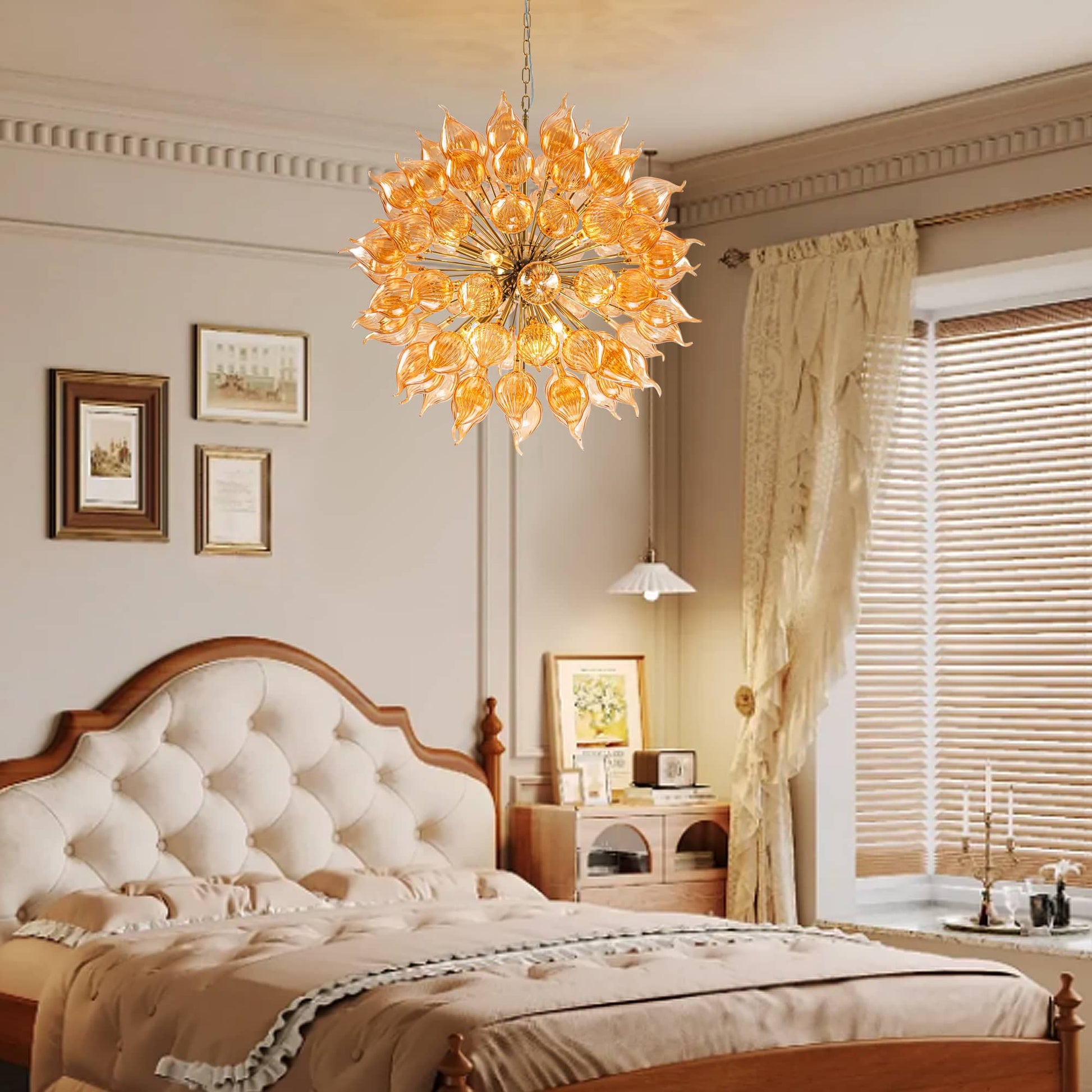 Luxurious large chandelier, bed, and window.