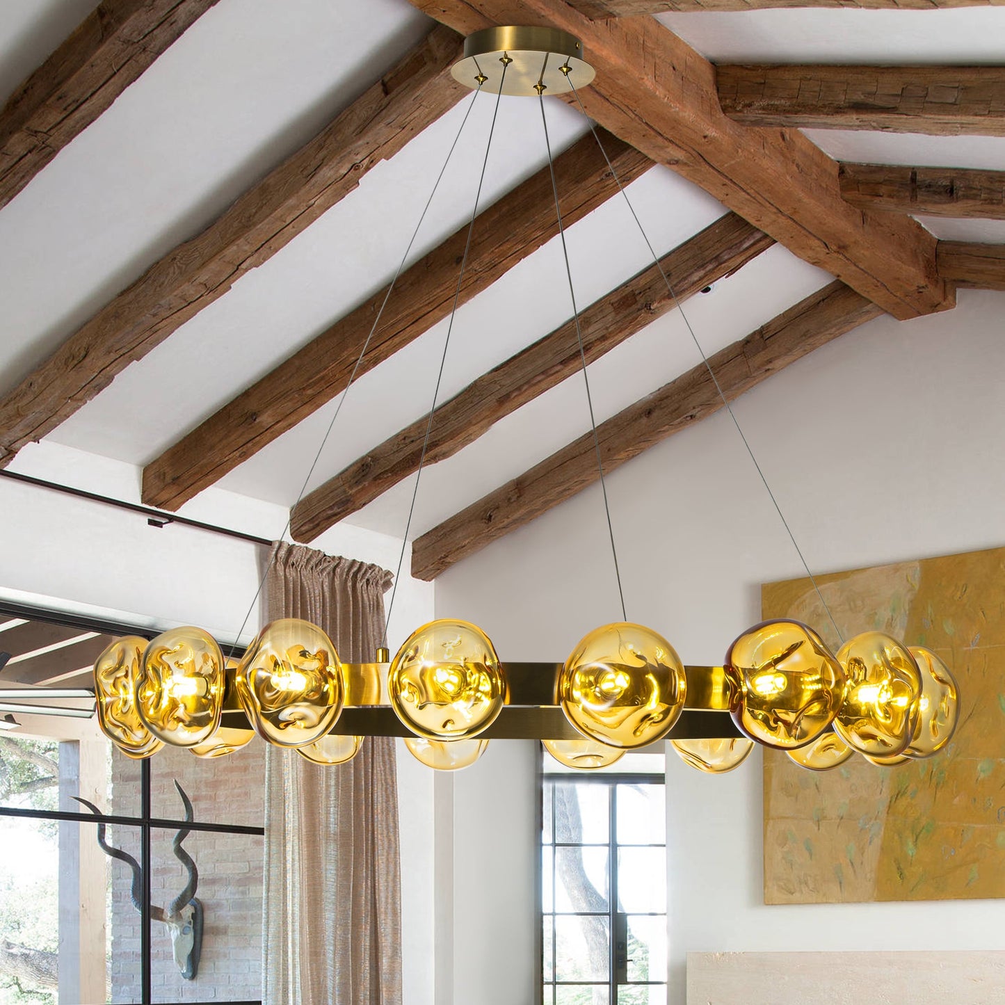 Modern Chandelier Irregular Amber Glass Bubbles Ring Loop