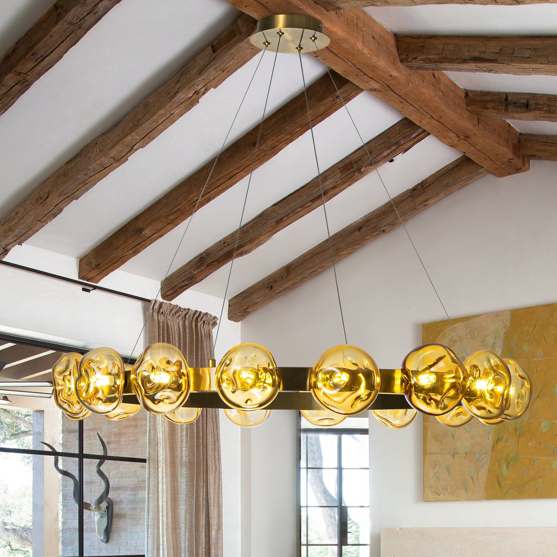 Modern Chandelier Irregular Amber Glass Bubbles Ring Loop