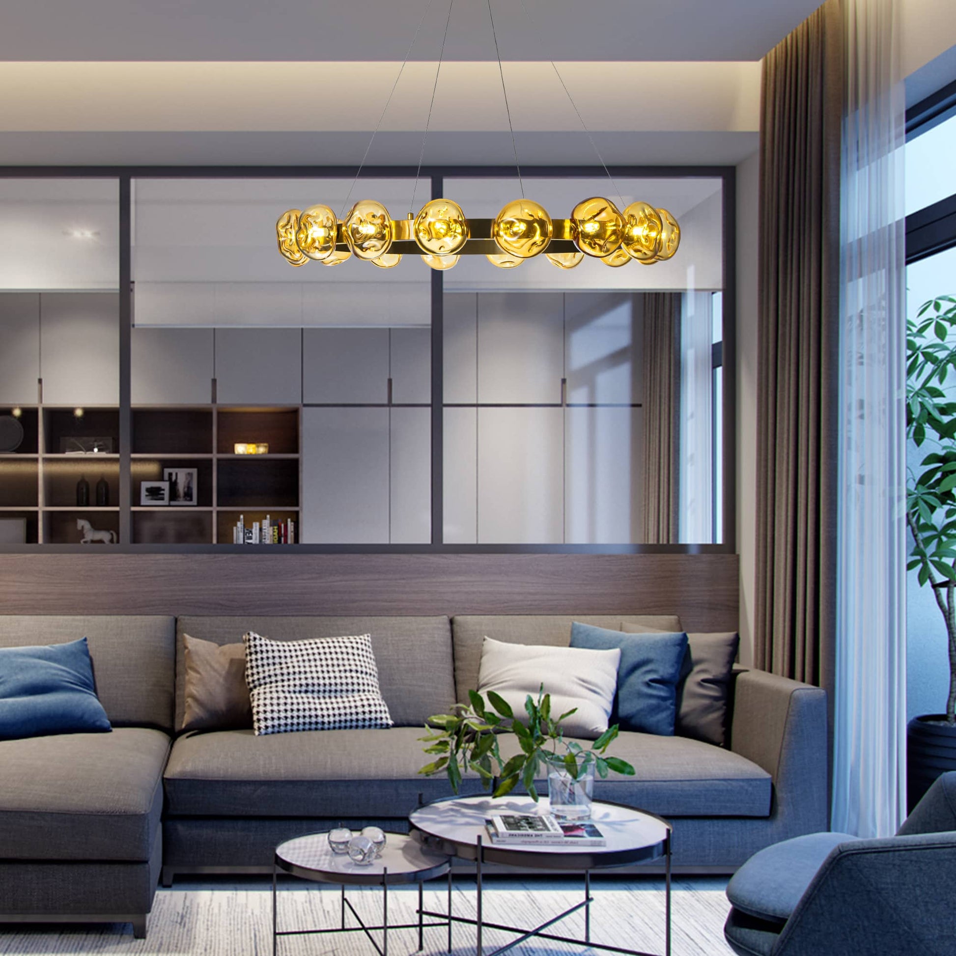 Modern Chandelier Irregular Amber Glass Bubbles Ring Loop