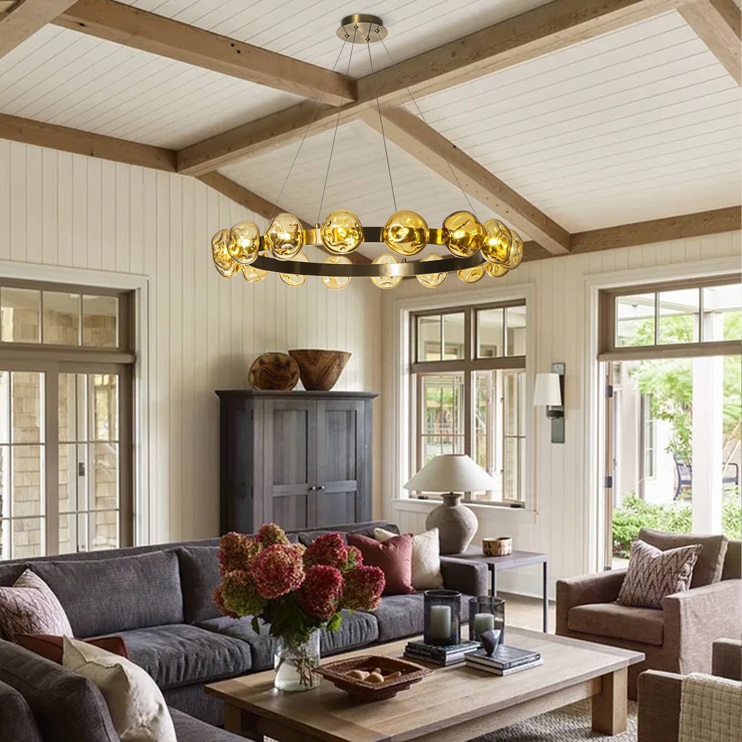 Modern Chandelier Irregular Amber Glass Bubbles Ring Loop