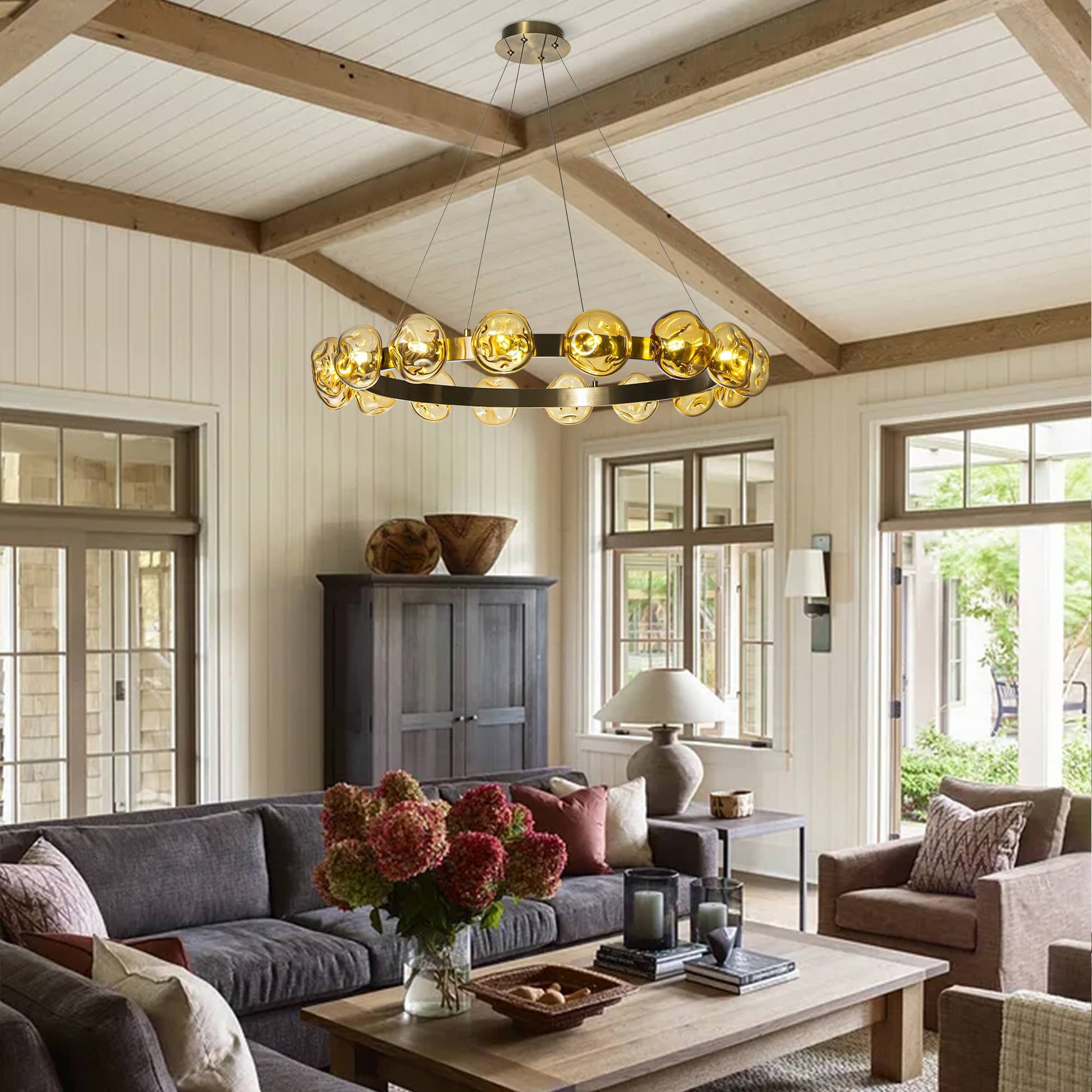 Modern Chandelier Irregular Amber Glass Bubbles Ring Loop