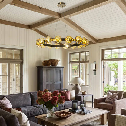 Modern Chandelier Irregular Amber Glass Bubbles Ring Loop