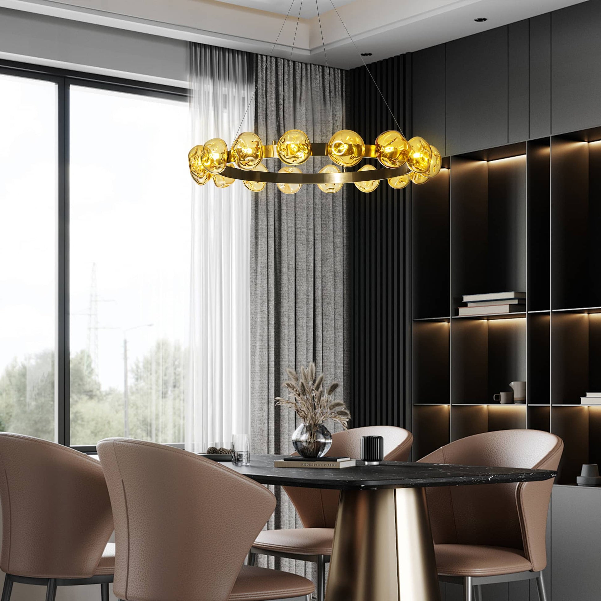 Modern Chandelier Irregular Amber Glass Bubbles Ring Loop