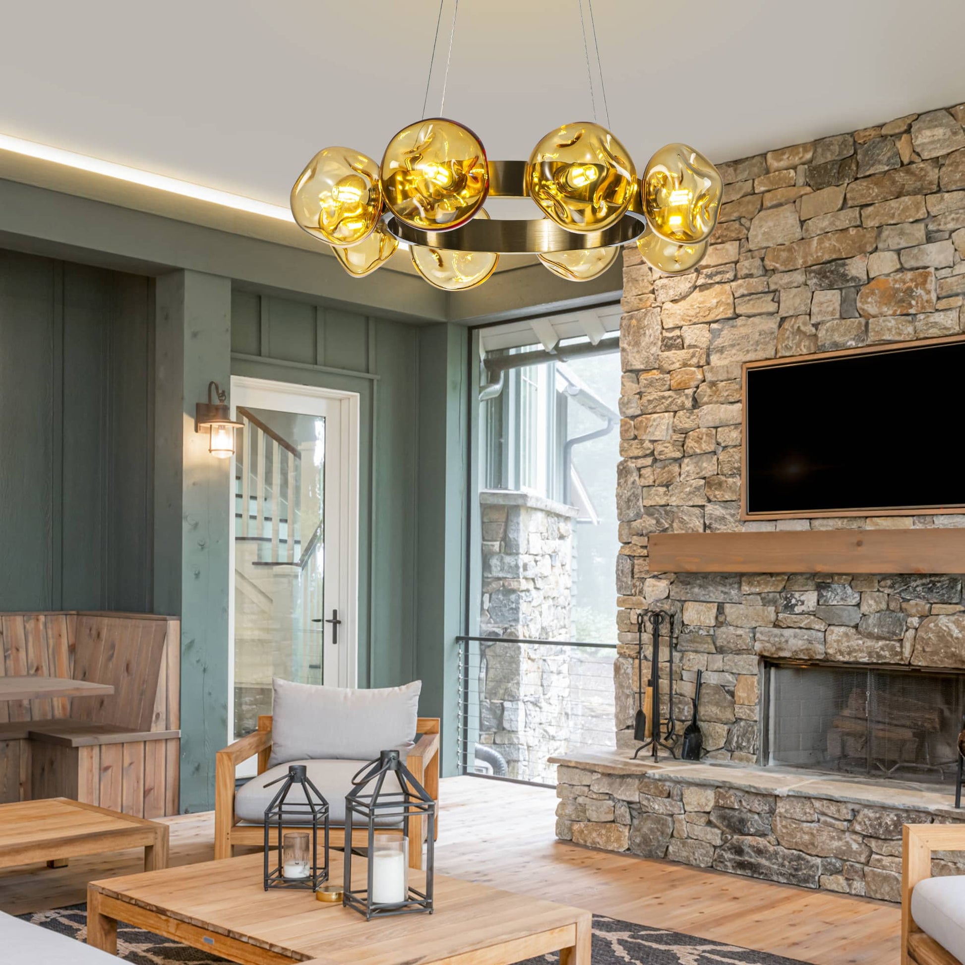 Modern Chandelier Irregular Amber Glass Bubbles Ring Loop