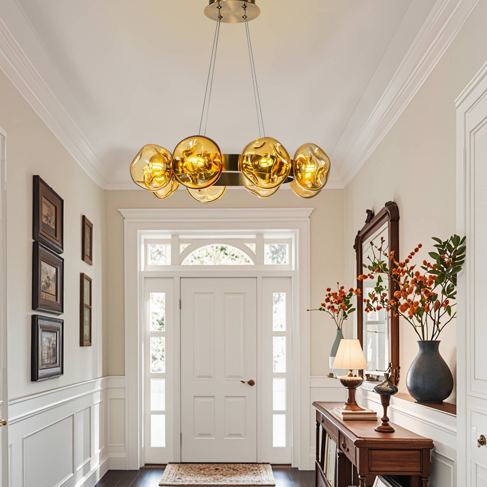 Modern Chandelier Irregular Amber Glass Bubbles Ring Loop