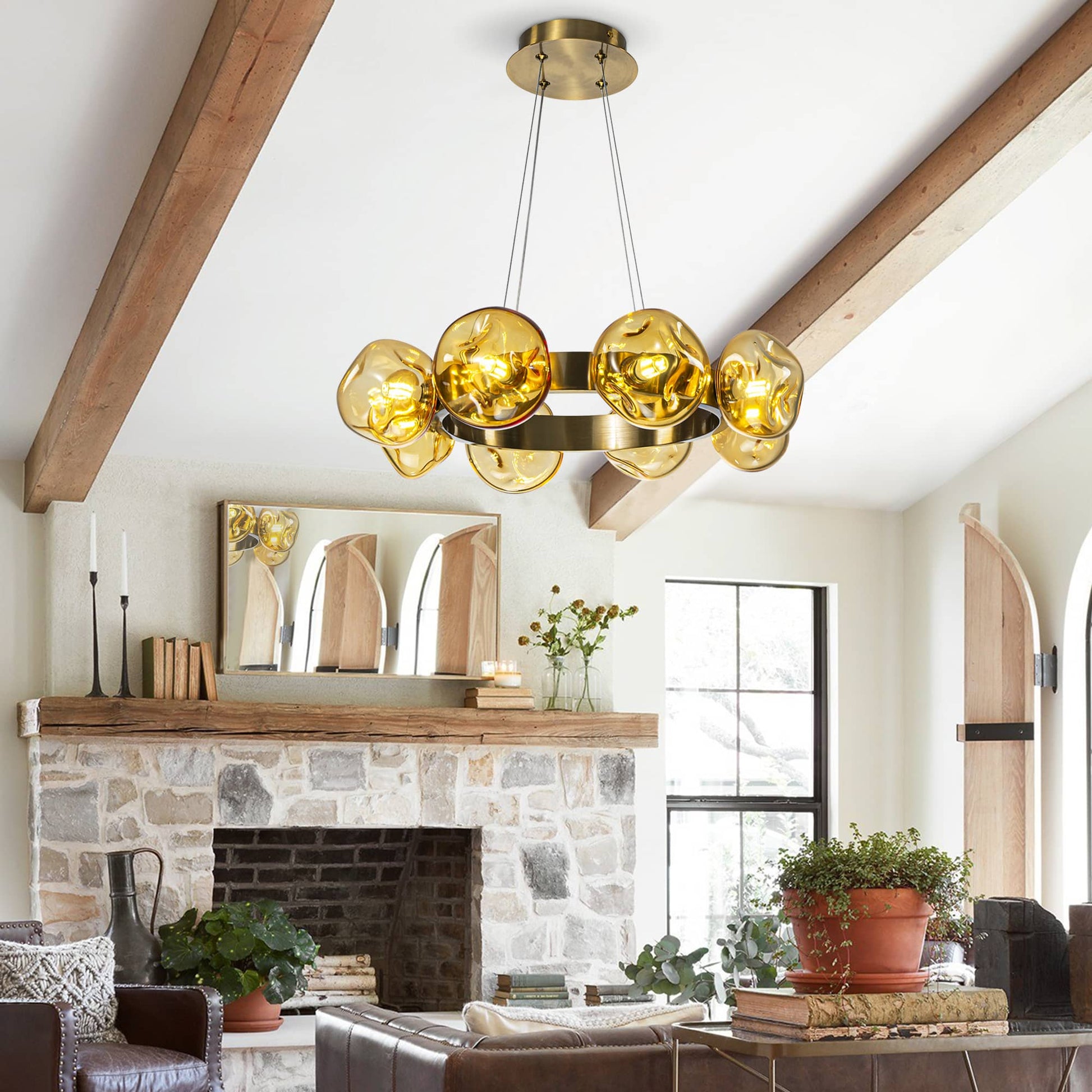 Modern Chandelier Irregular Amber Glass Bubbles Ring Loop