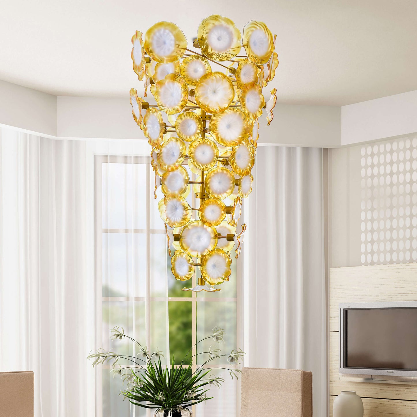 Seashells Designed Glass Plates Chandelier Golden And White