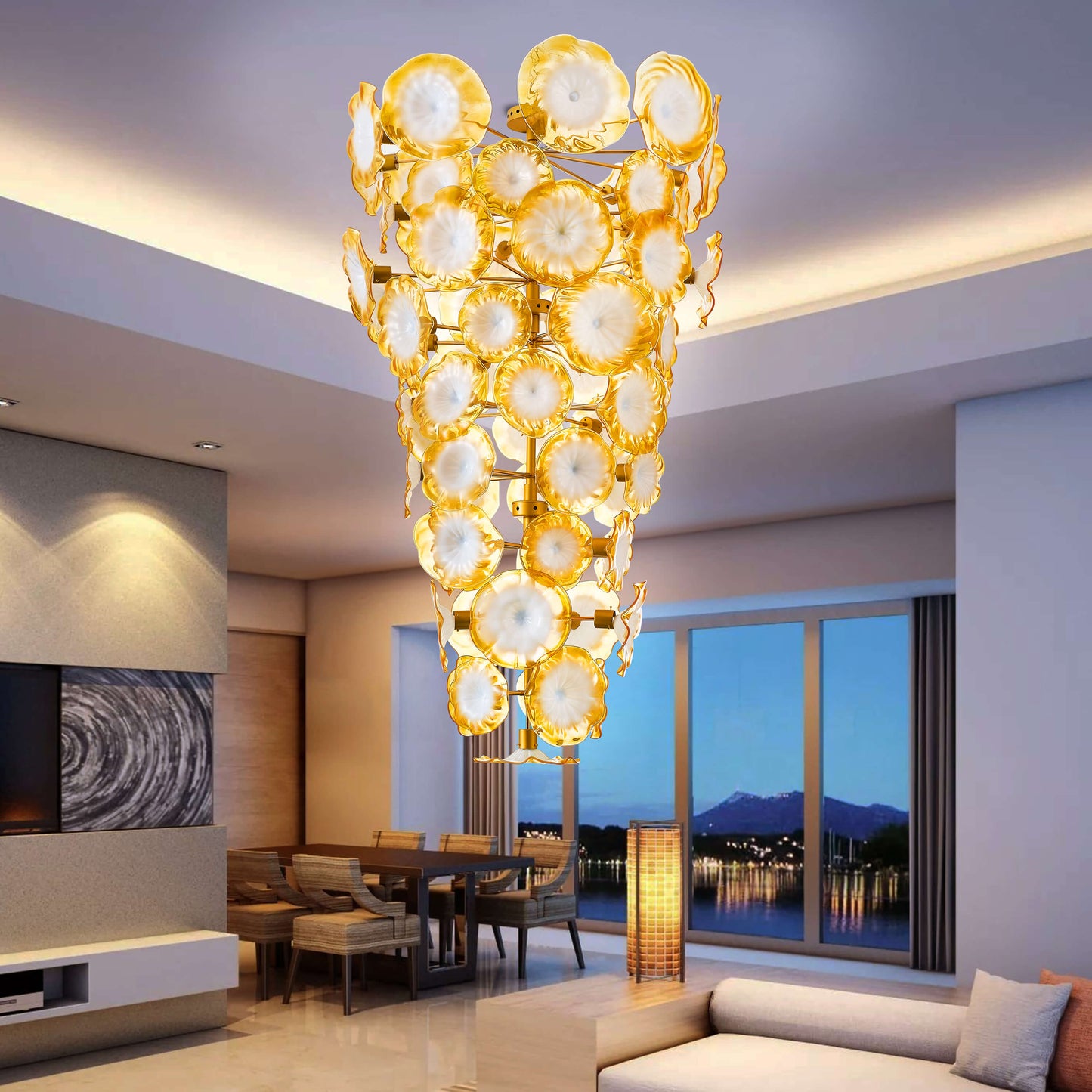 Seashells Designed Glass Plates Chandelier Golden And White