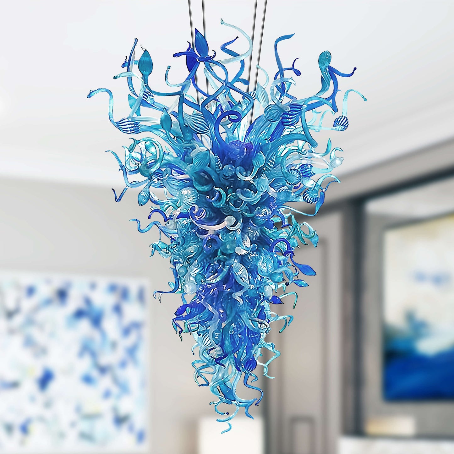 Azure Cascade Blown Glass Chandelier – Chihuly-Inspired Artistic Lighting