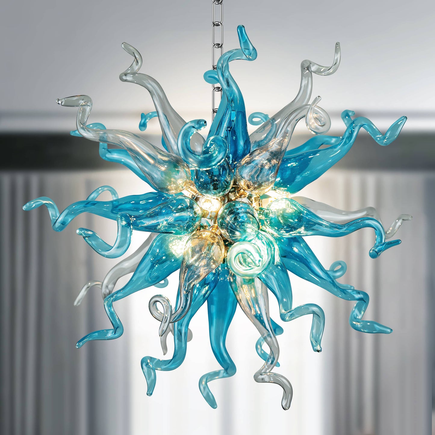 blue and gray sputnik blown glass chandelier D20"