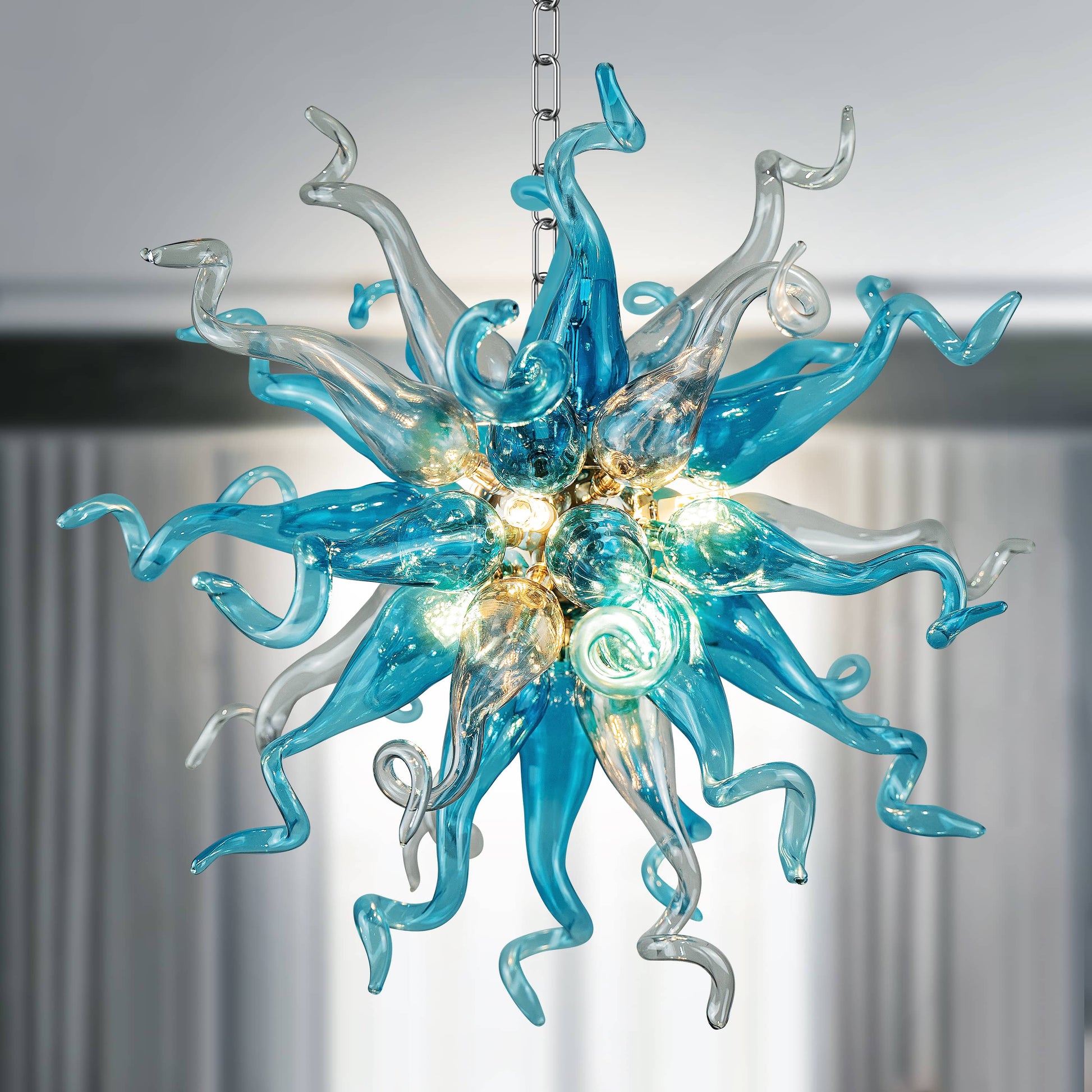 blue and gray sputnik blown glass chandelier D20"