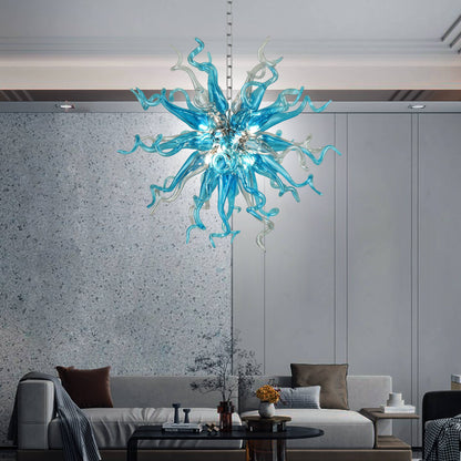 Modern living room with a Chihuly style blue blown glass chandelier in sputinik shape