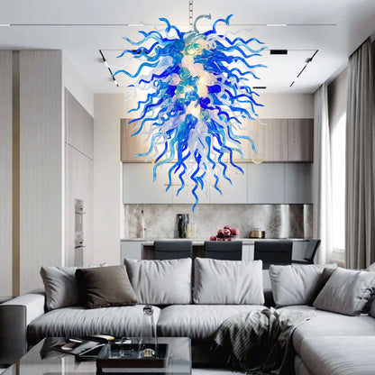 Modern living room with a large blue and white abstract Chihuly chandelier