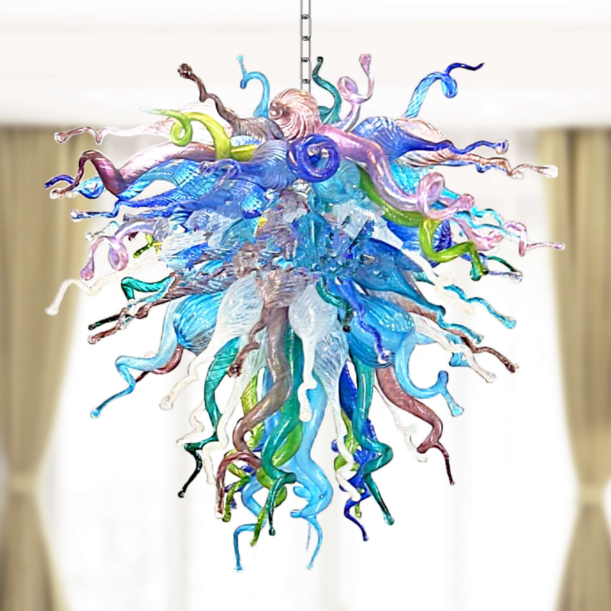 Colorful glass sculpture inspired by Chihuly art with swirling patterns on a white background