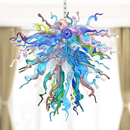 Colorful glass sculpture inspired by Chihuly art with swirling patterns on a white background
