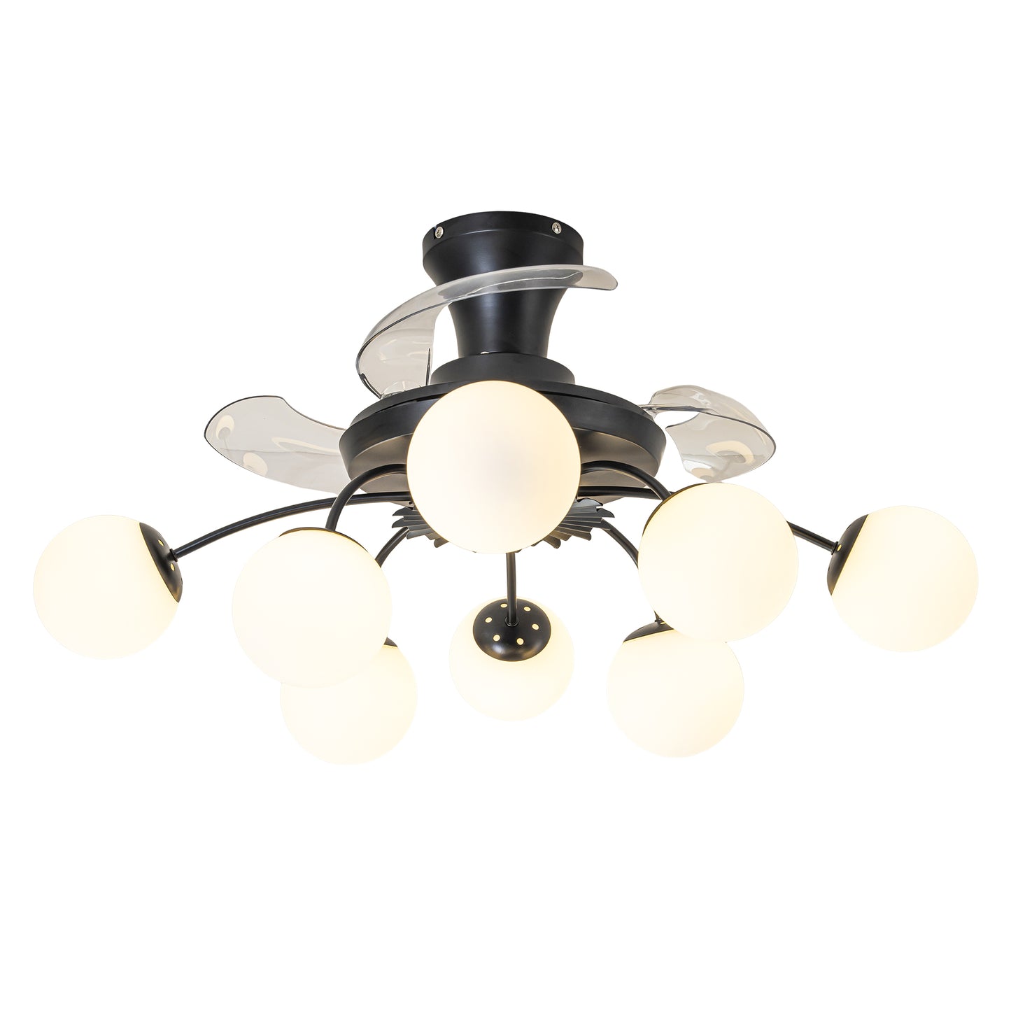 Modern Black Chandelier Fan with 8 Globe Lights & Remote