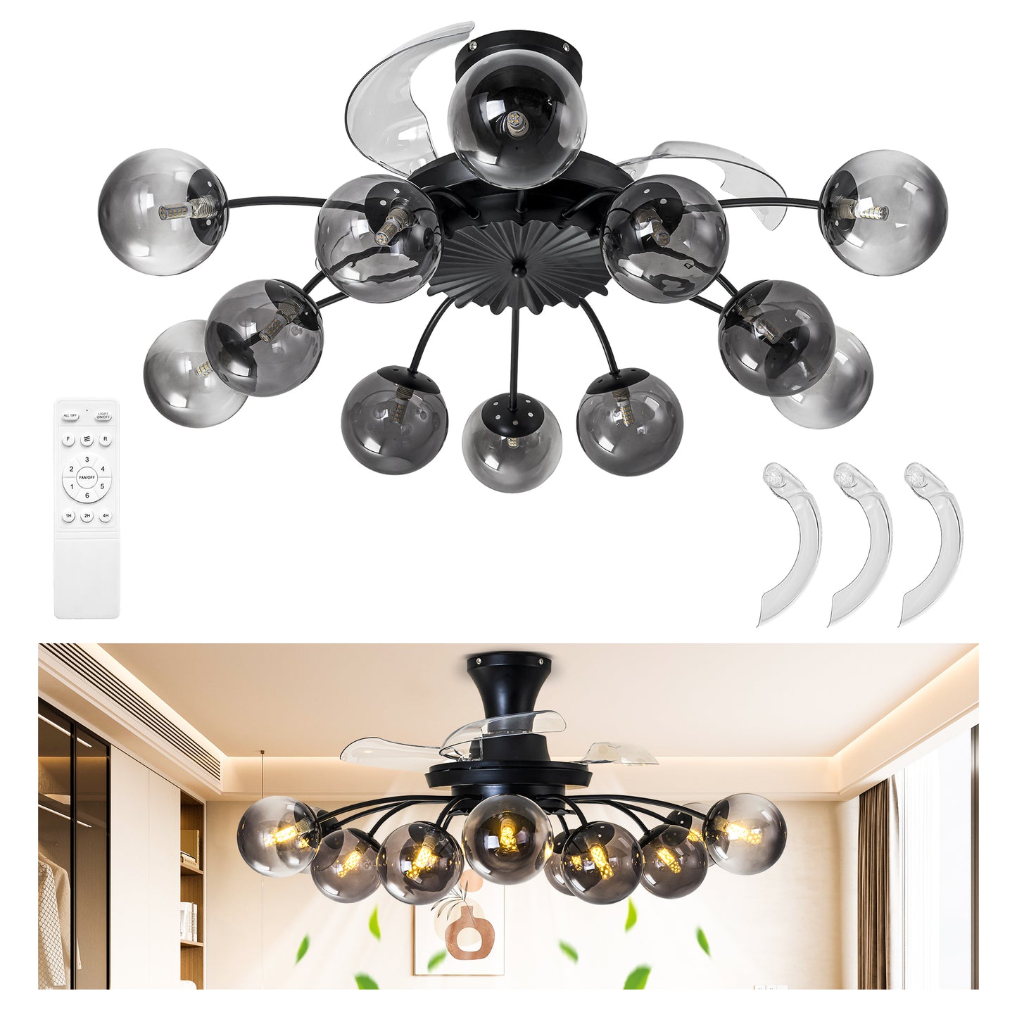 Black Smoke Glass 12-Light Retractable Ceiling Fan with Remote