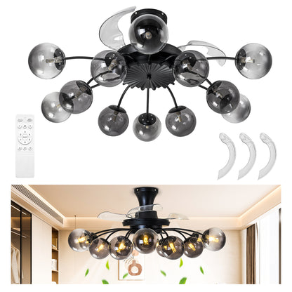 Black Smoke Glass 12-Light Retractable Ceiling Fan with Remote