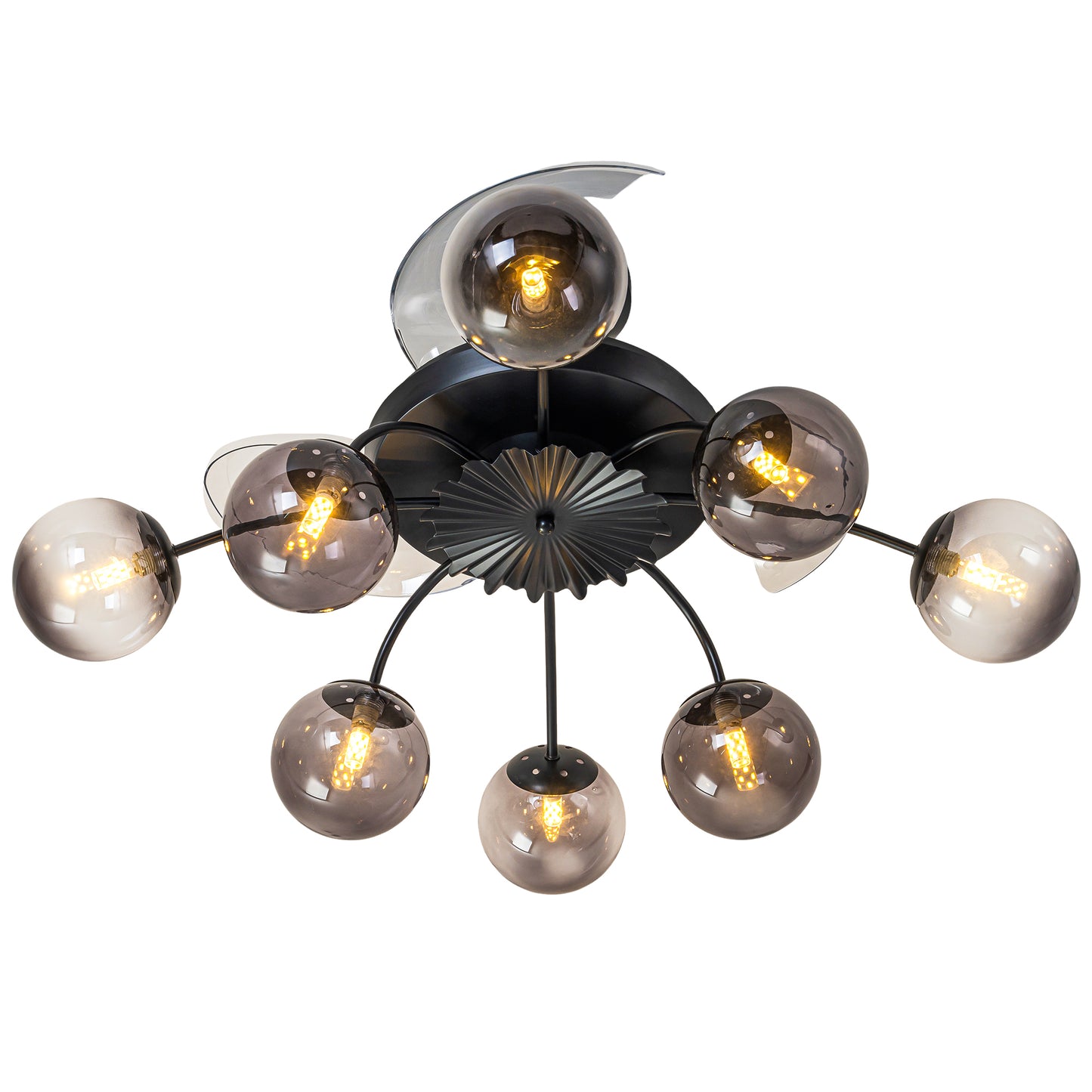 Modern Smoke Gray Glass Retractable Ceiling Fan with Lights, 8-Light Flush Mount Fan with Remote