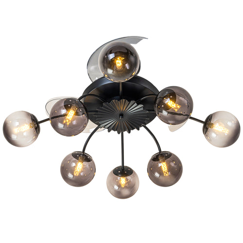Modern Smoke Gray Glass Retractable Ceiling Fan with Lights, 8-Light Flush Mount Fan with Remote