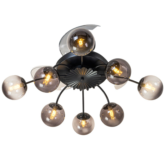Modern Smoke Gray Glass Retractable Ceiling Fan with Lights, 8-Light Flush Mount Fan with Remote
