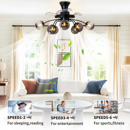 Modern Smoke Gray Glass Retractable Ceiling Fan with Lights, 8-Light Flush Mount Fan with Remote