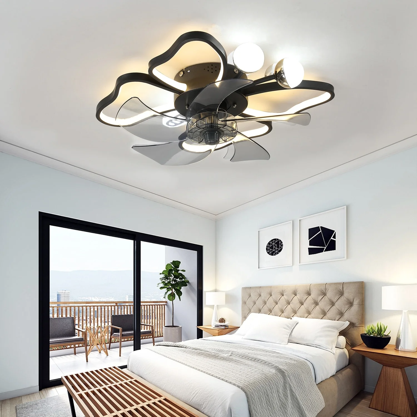 Modern Black Flush Mount Ceiling Fan with Light & Remote
