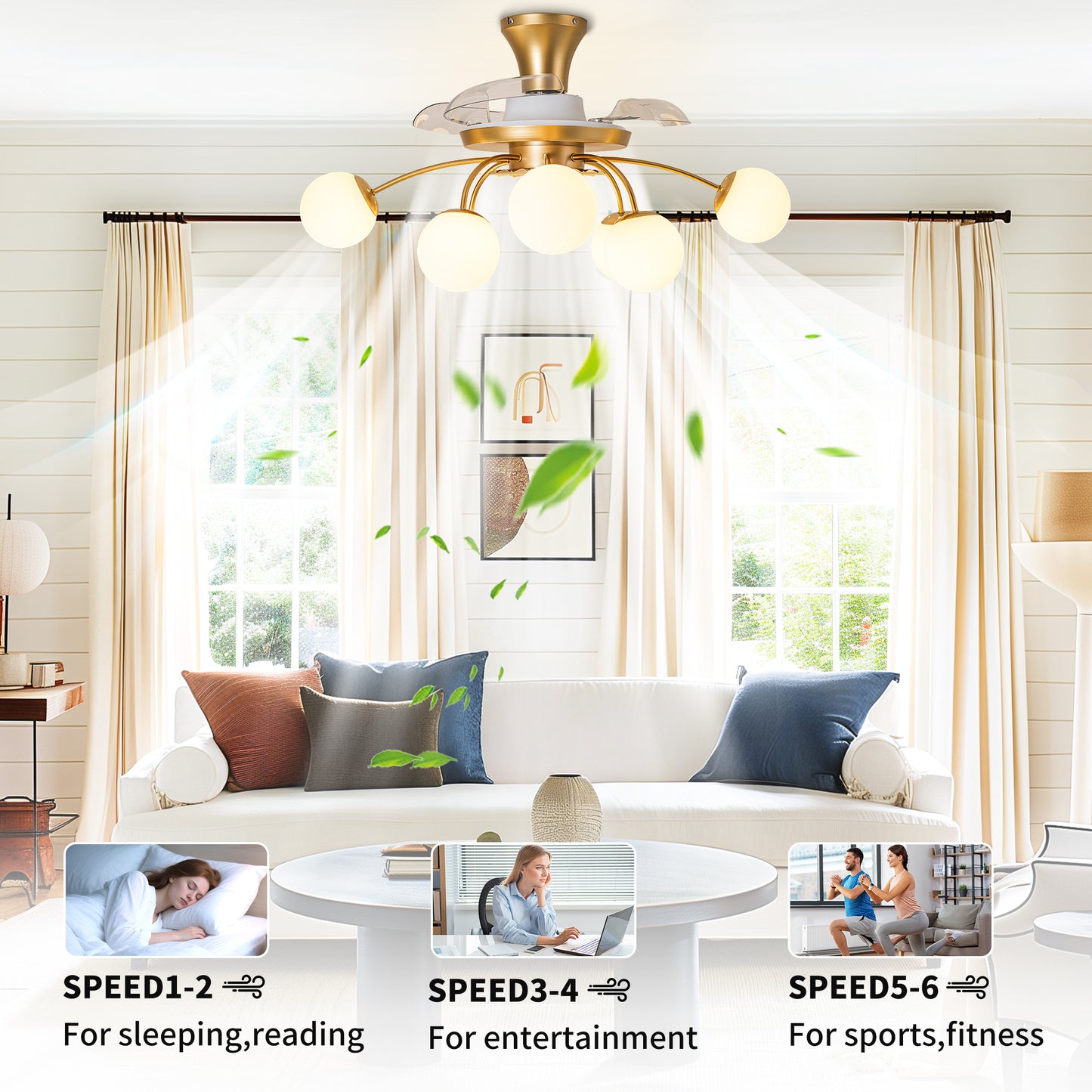 Modern Gold Retractable Ceiling Fan with Lights, 8-Light Flush Mount Fan with Remote