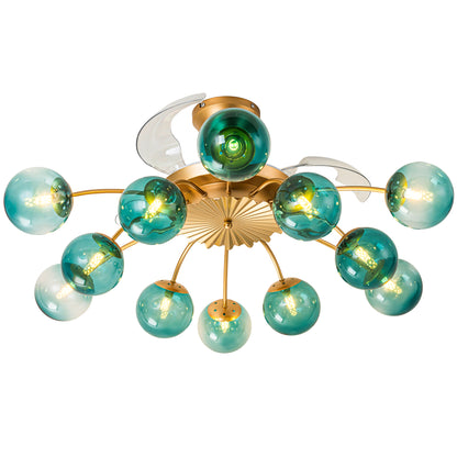 Modern Gold Retractable Ceiling Fan with Blue Glass Globes, 8-Light / 12-Light Flush Mount Fan with Remote