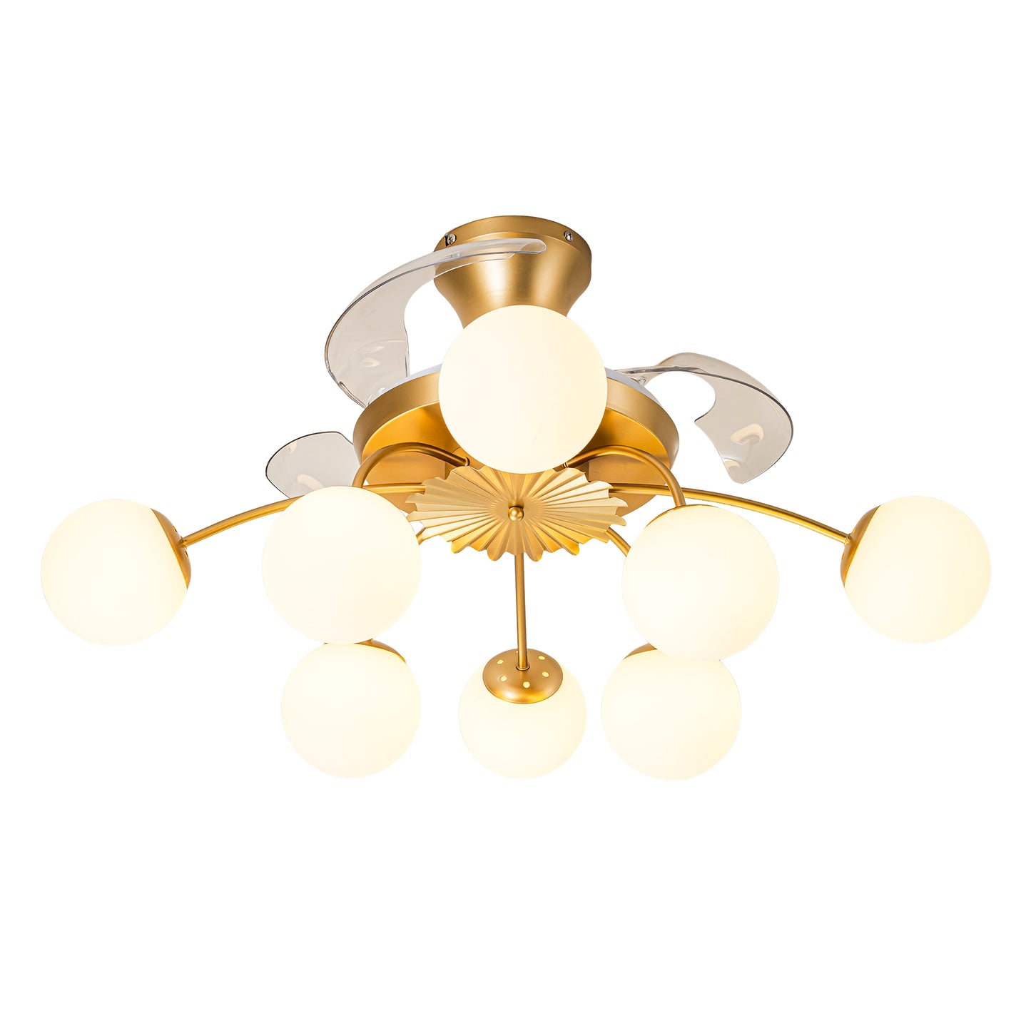 Modern Gold Retractable Ceiling Fan with Lights, 8-Light Flush Mount Fan with Remote