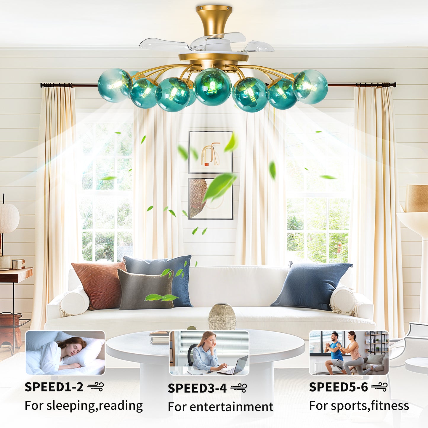 Modern Gold Retractable Ceiling Fan with Blue Glass Globes, 8-Light / 12-Light Flush Mount Fan with Remote