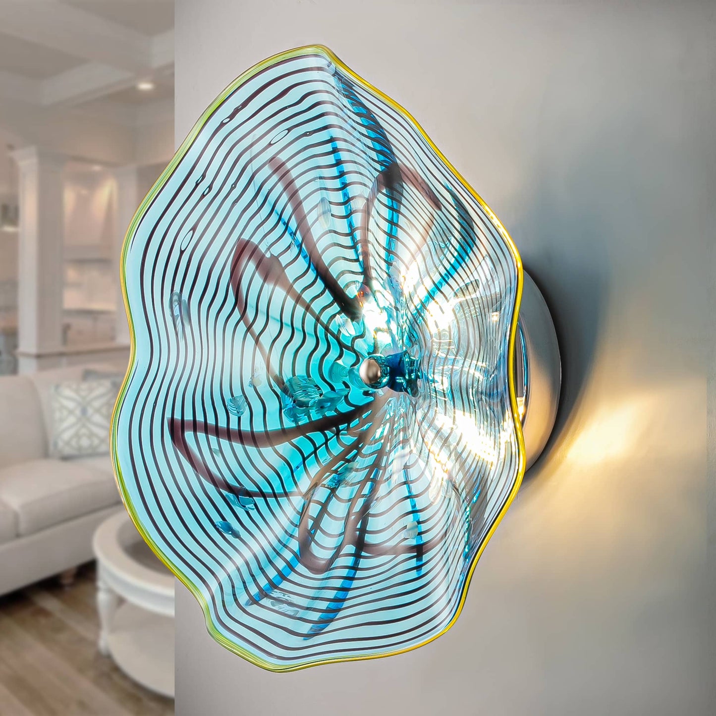 Murano Glass Wall Plates Aqua Color With Ink Pattern LED D12inches