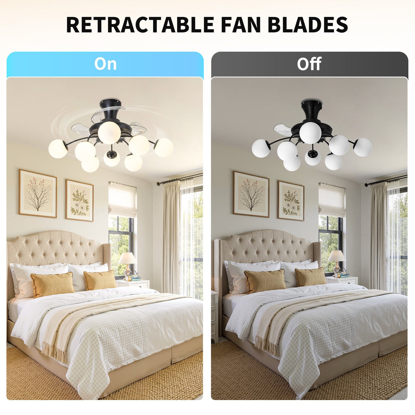 Modern Black Chandelier Fan with 8 Globe Lights & Remote